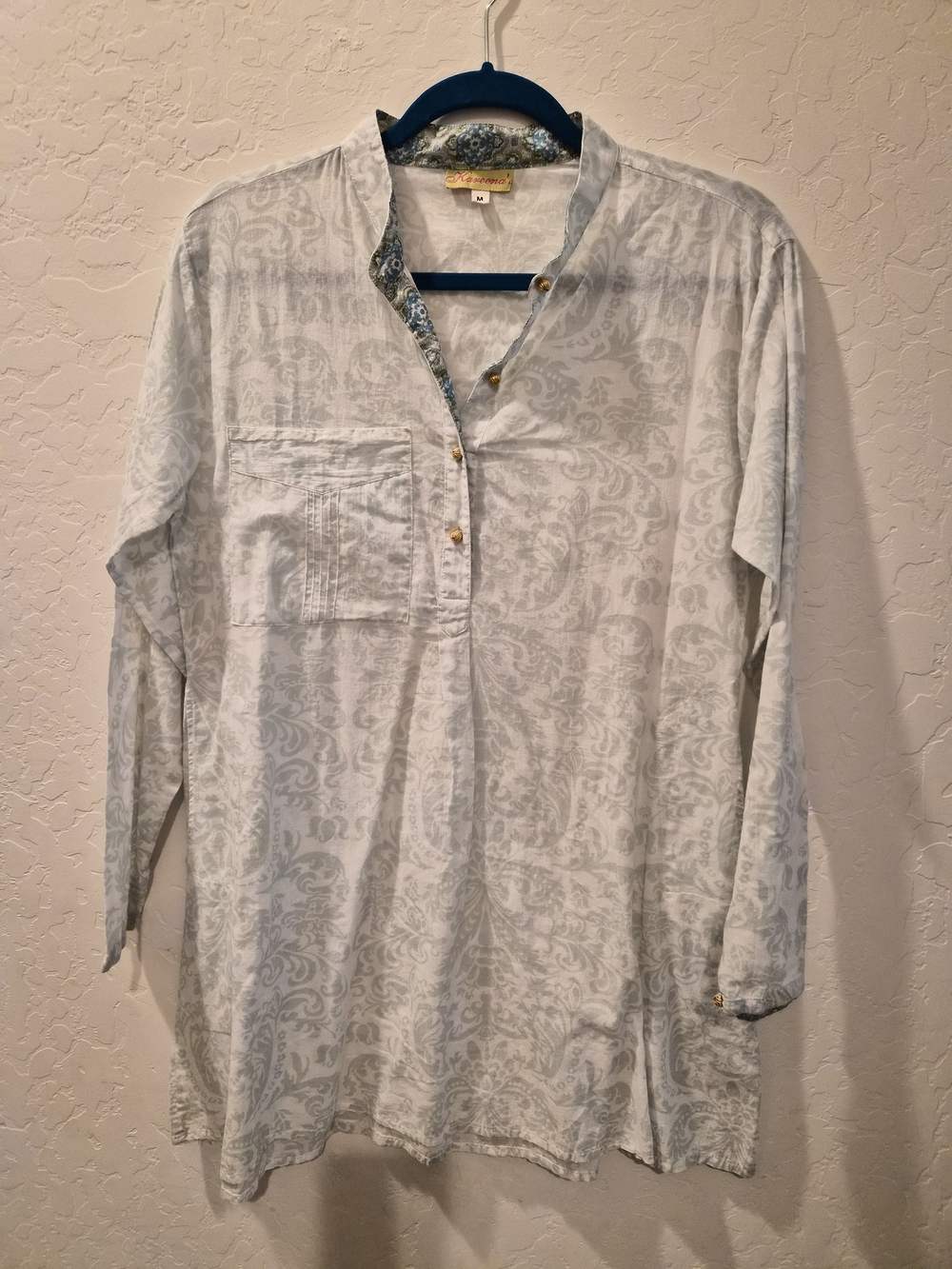 Kareens's Light Gray & Blue Paisley Trim, Gold Buttons, Long-Sleeve Shirt #0067